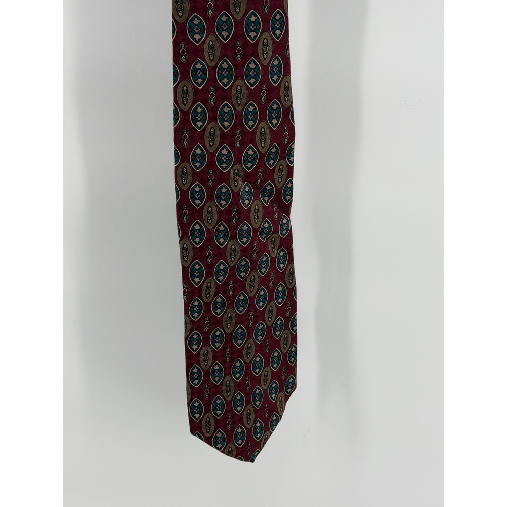Vintage The Bon Marche 100% Silk Tie‎ Burgundy Teal Geometric Medallion USA Made